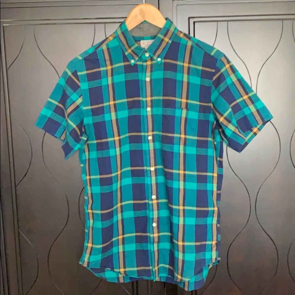 J. Crew Short Sleeve Woven Shirt Green and Blue